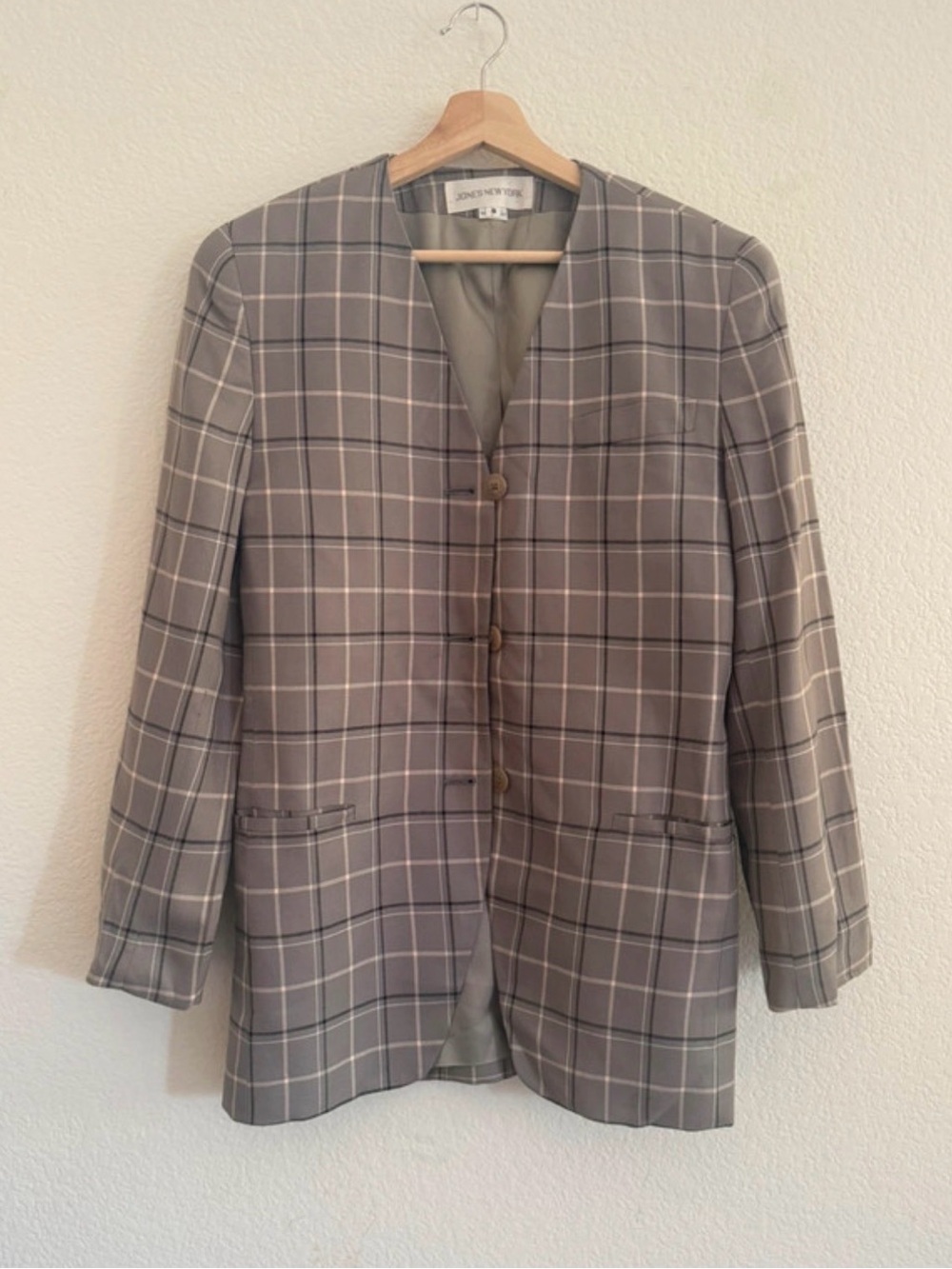 Jones New York Plaid Collarless Grey Blazer
